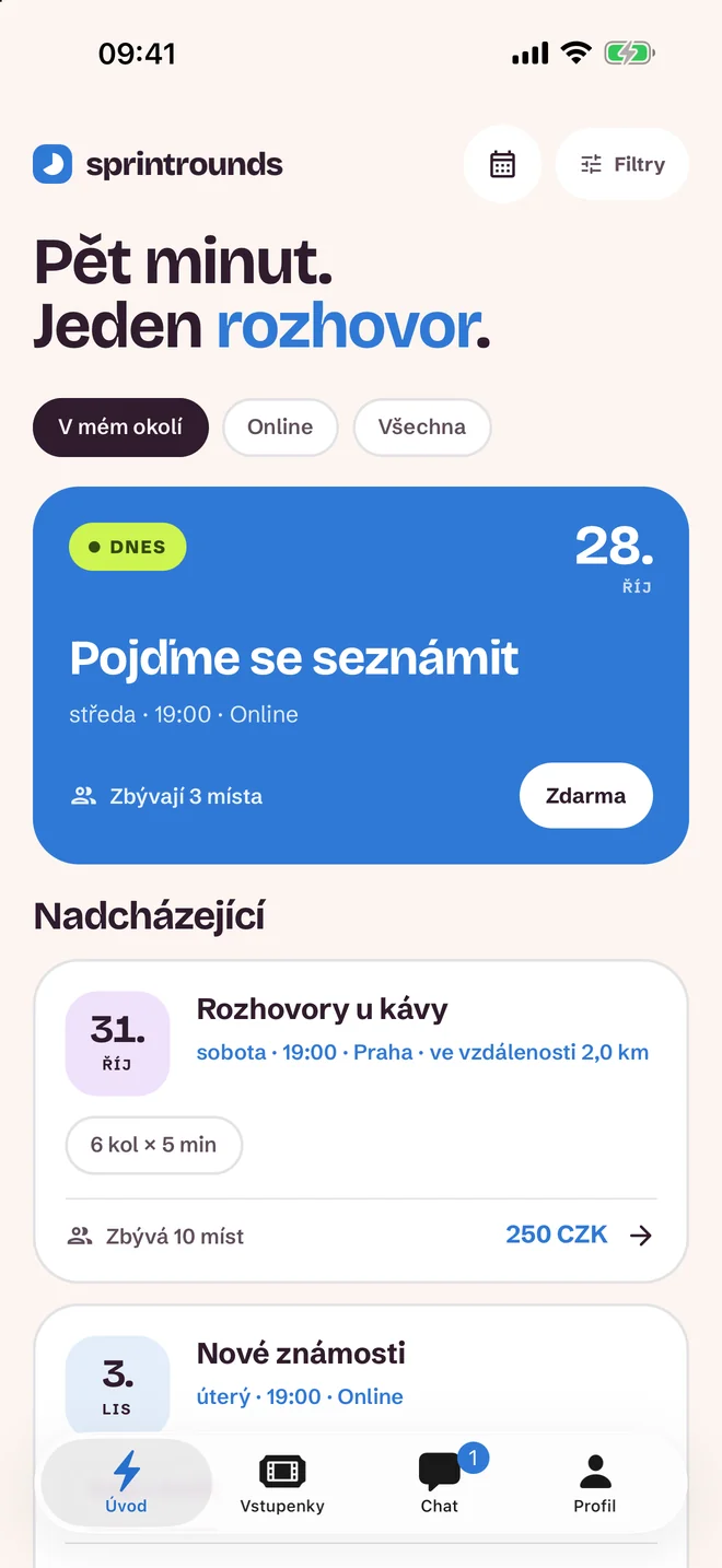 Obrazovka výběru akce