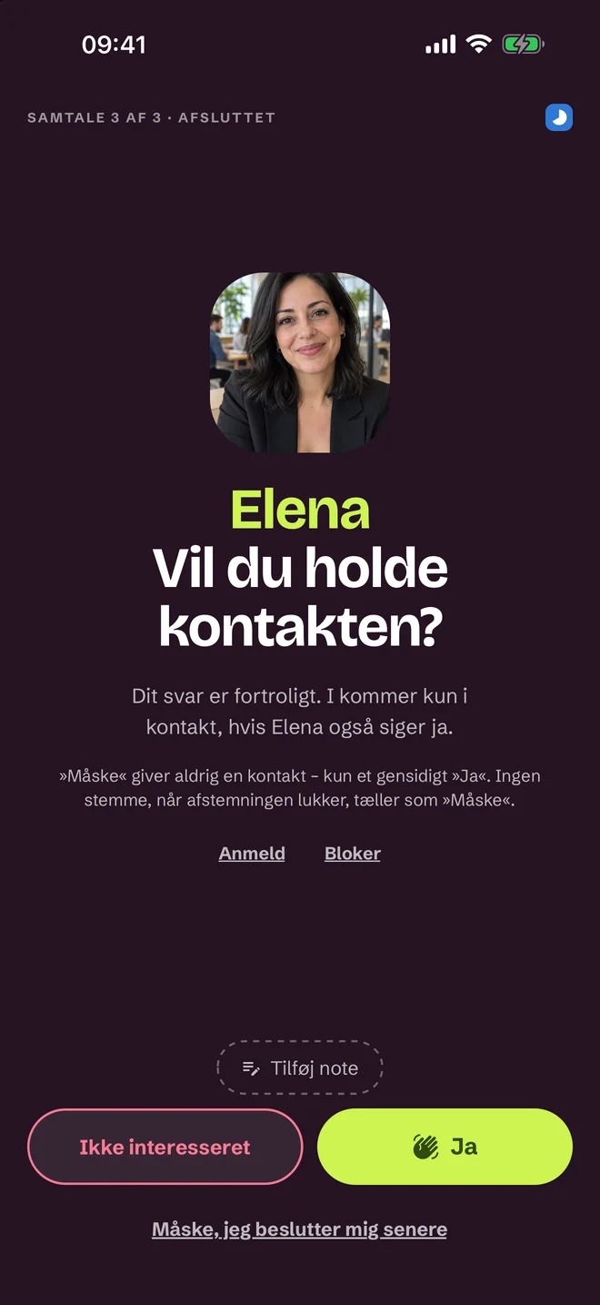 Vurderingsskærm efter samtalen — Ja, Måske, Nej