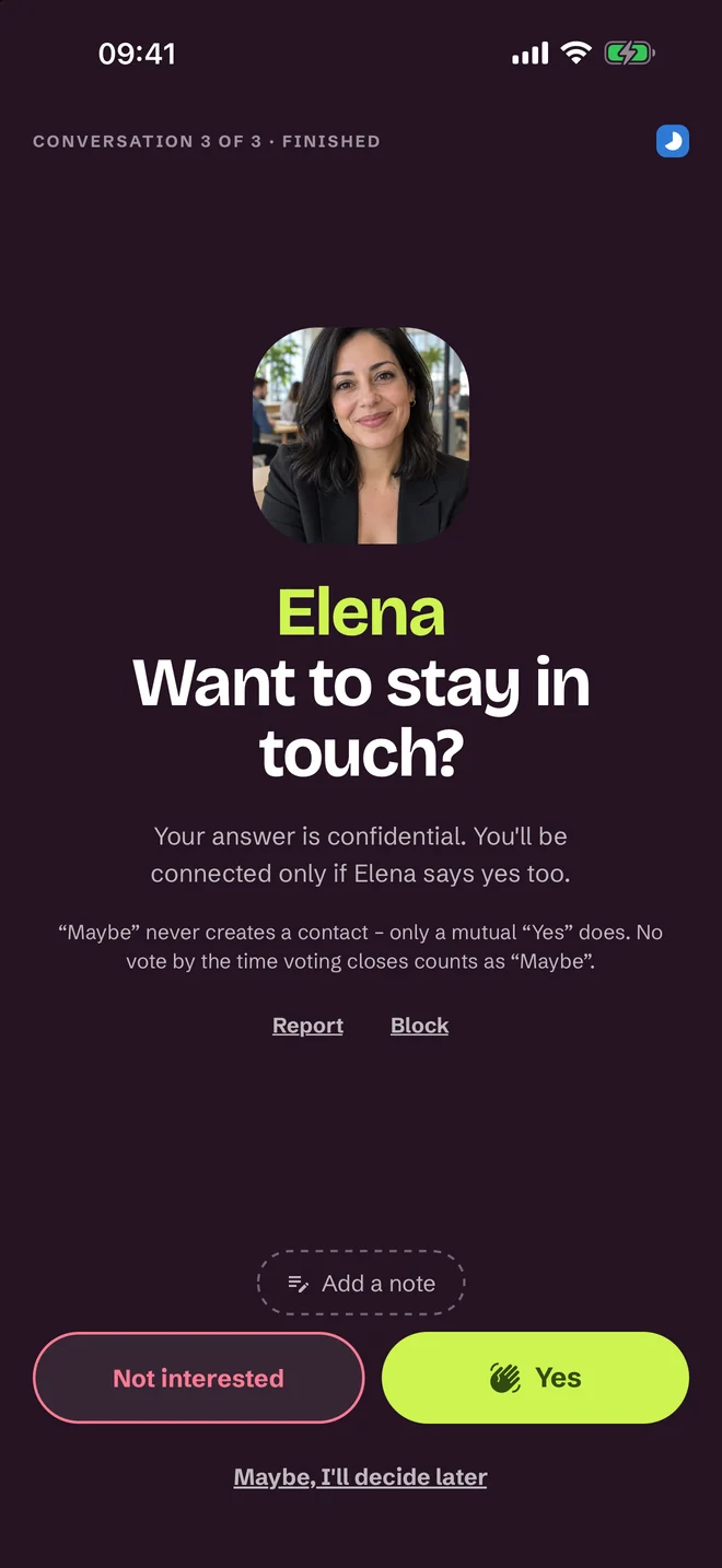 Post-conversation rating screen — Yes, Maybe, No