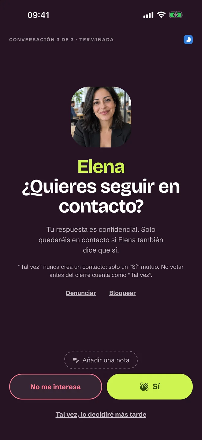 Pantalla de respuesta después de la conversación: Sí, Tal vez, No