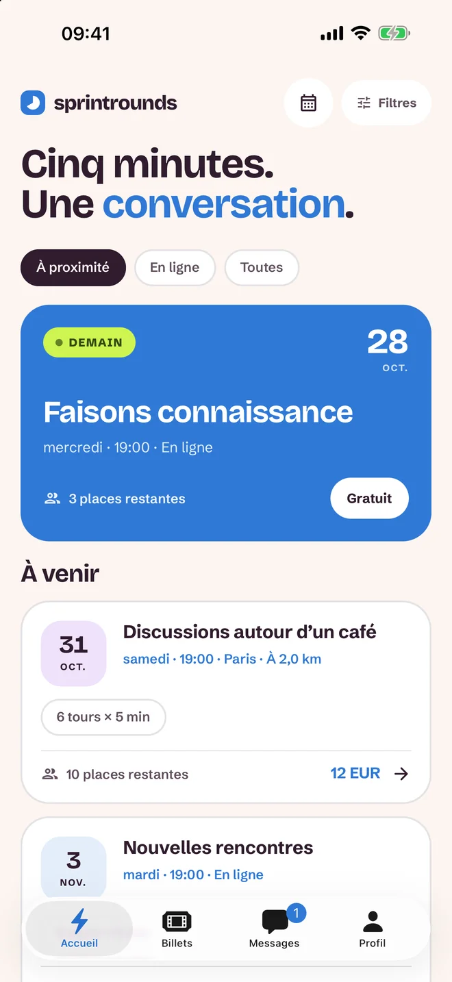 Écran de sélection des événements