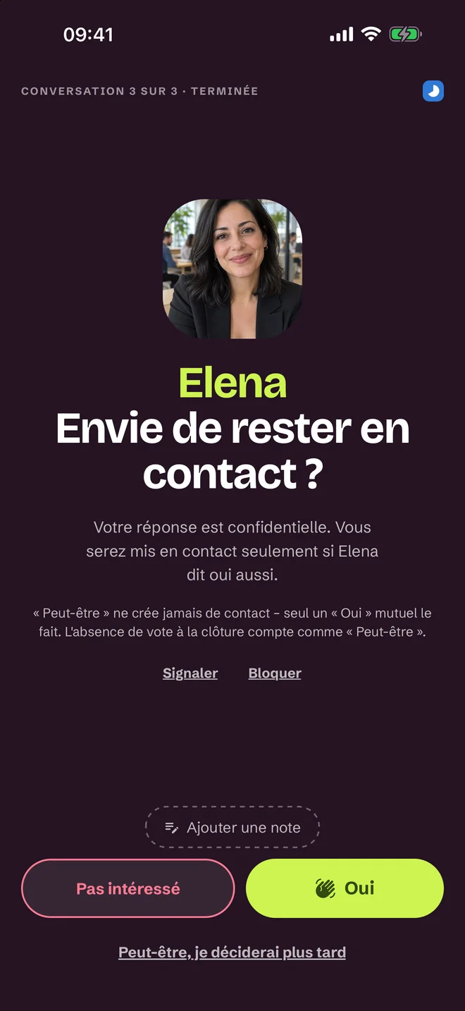 Écran de réponse après la conversation : Oui, Peut-être, Non