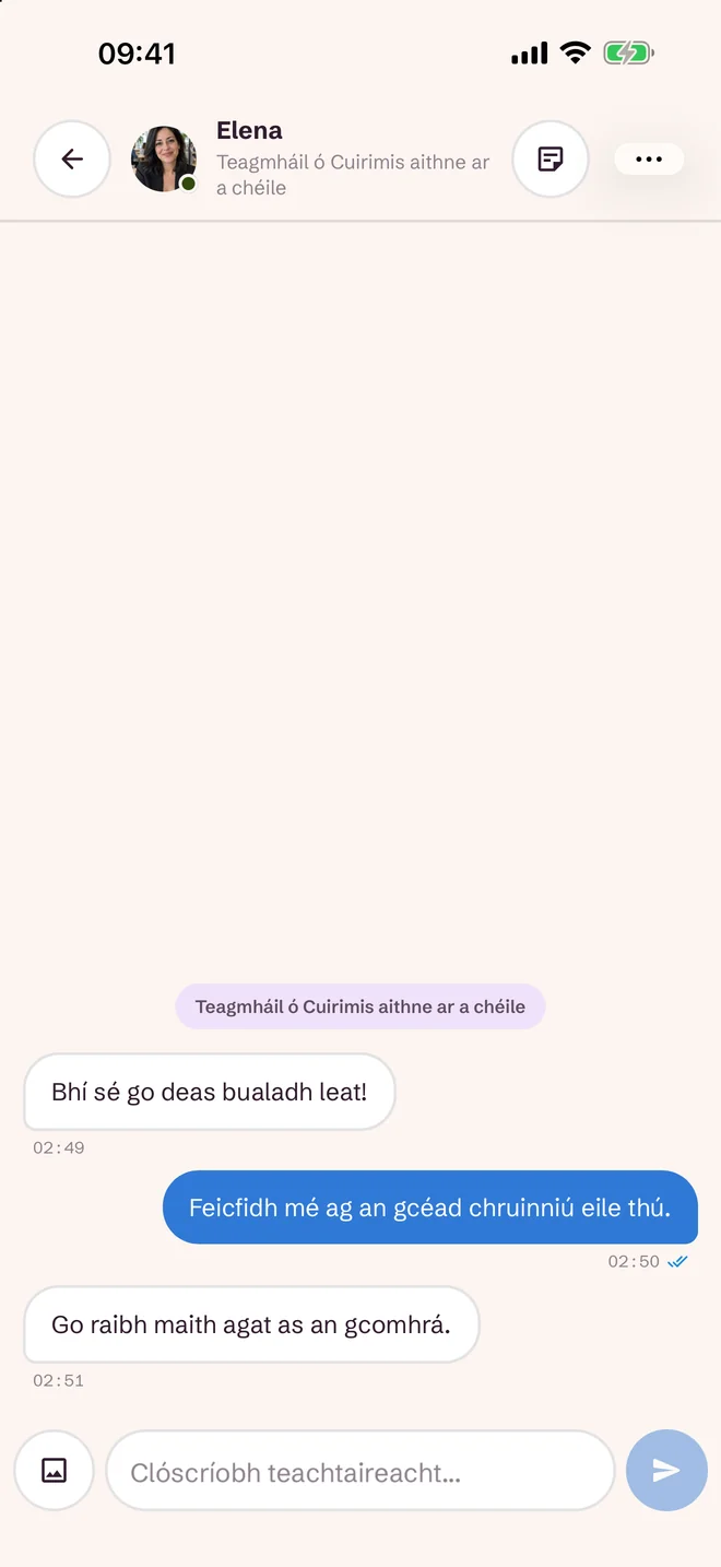 Scáileán comhrá i ndiaidh na hócáide