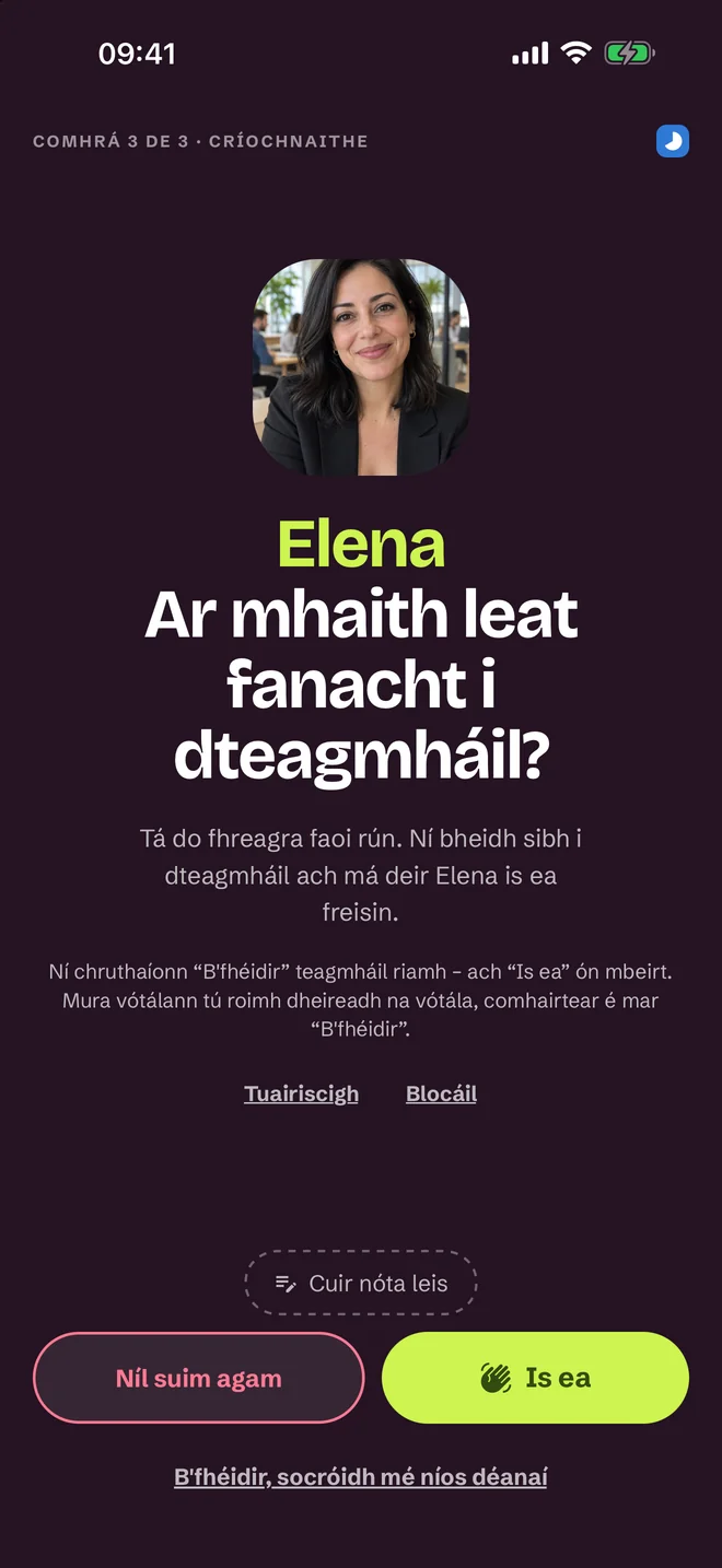 Scáileán rátála tar éis comhrá — Tá, B’fhéidir, Níl