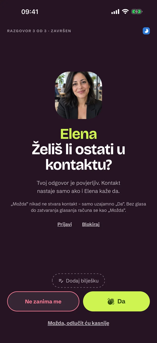 Zaslon odluke nakon razgovora — Da, Možda, Ne