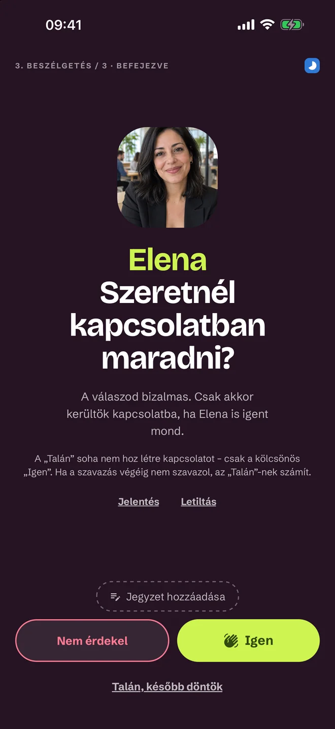 Beszélgetés utáni értékelési képernyő — Igen, Talán, Nem