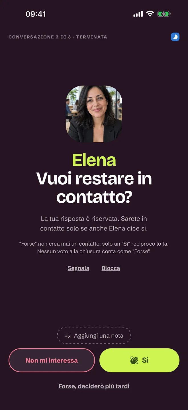 Schermata di valutazione dopo la conversazione: Sì, Forse, No