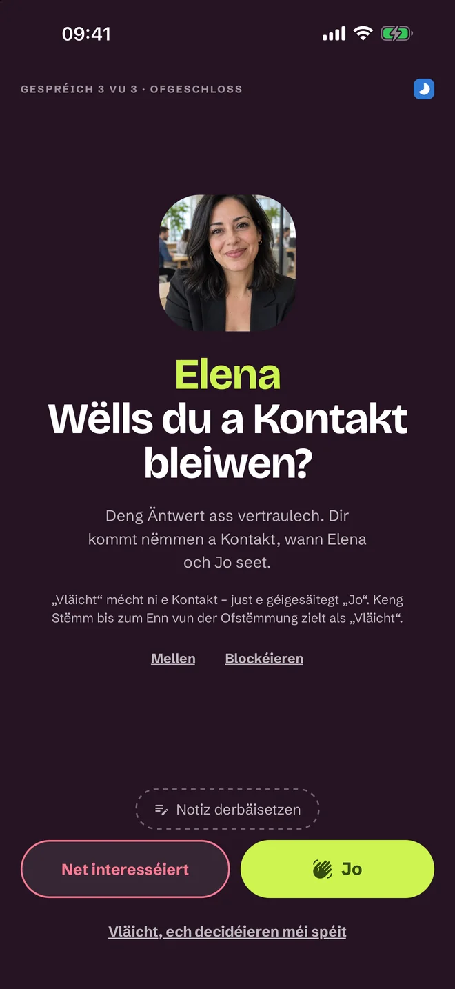 Bewäertungsecran nom Gespréich — Jo, Vläicht, Nee