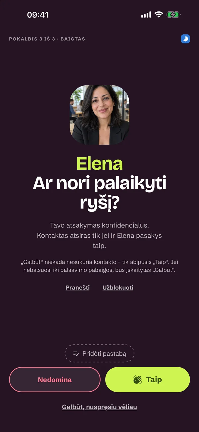Vertinimo ekranas po pokalbio — Taip, Galbūt, Ne