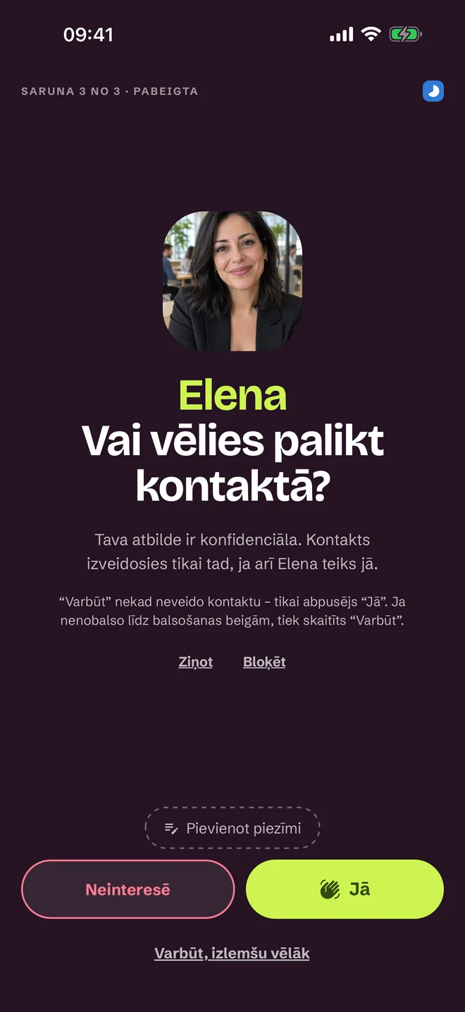Vērtējuma ekrāns pēc sarunas — Jā, Varbūt, Nē
