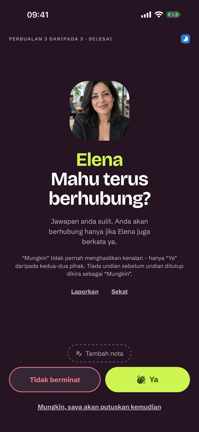 Skrin penilaian selepas perbualan — Ya, Mungkin, Tidak