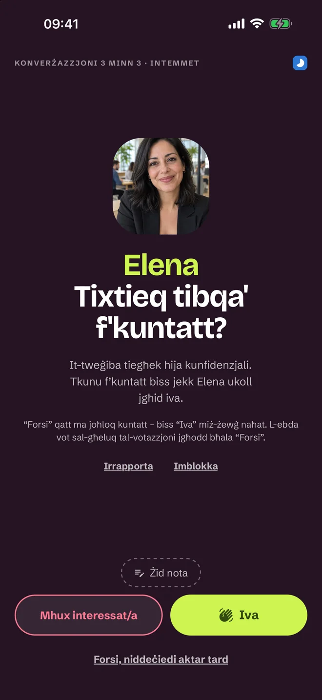 Skrin tal-valutazzjoni wara konversazzjoni — Iva, Forsi, Le