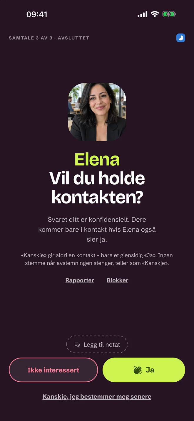 Vurderingsskjerm etter samtalen — Ja, Kanskje, Nei
