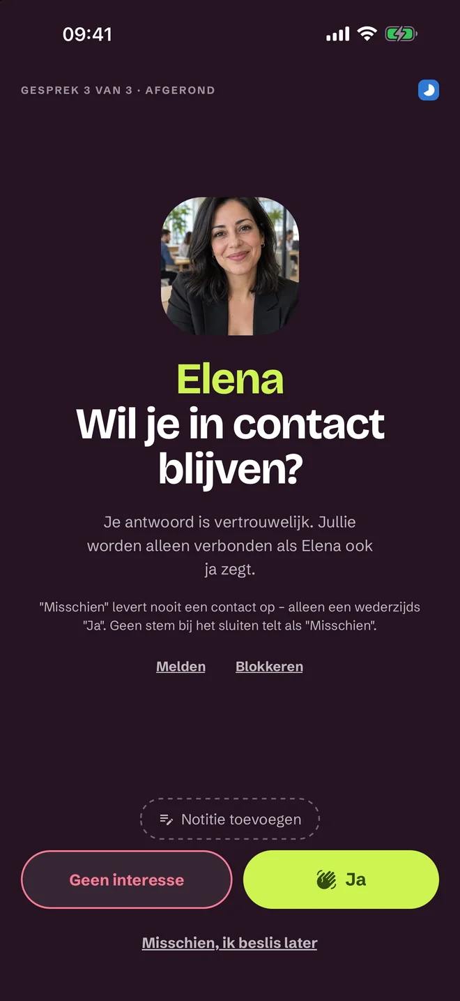 Keuzescherm na een gesprek — Ja, Misschien, Nee