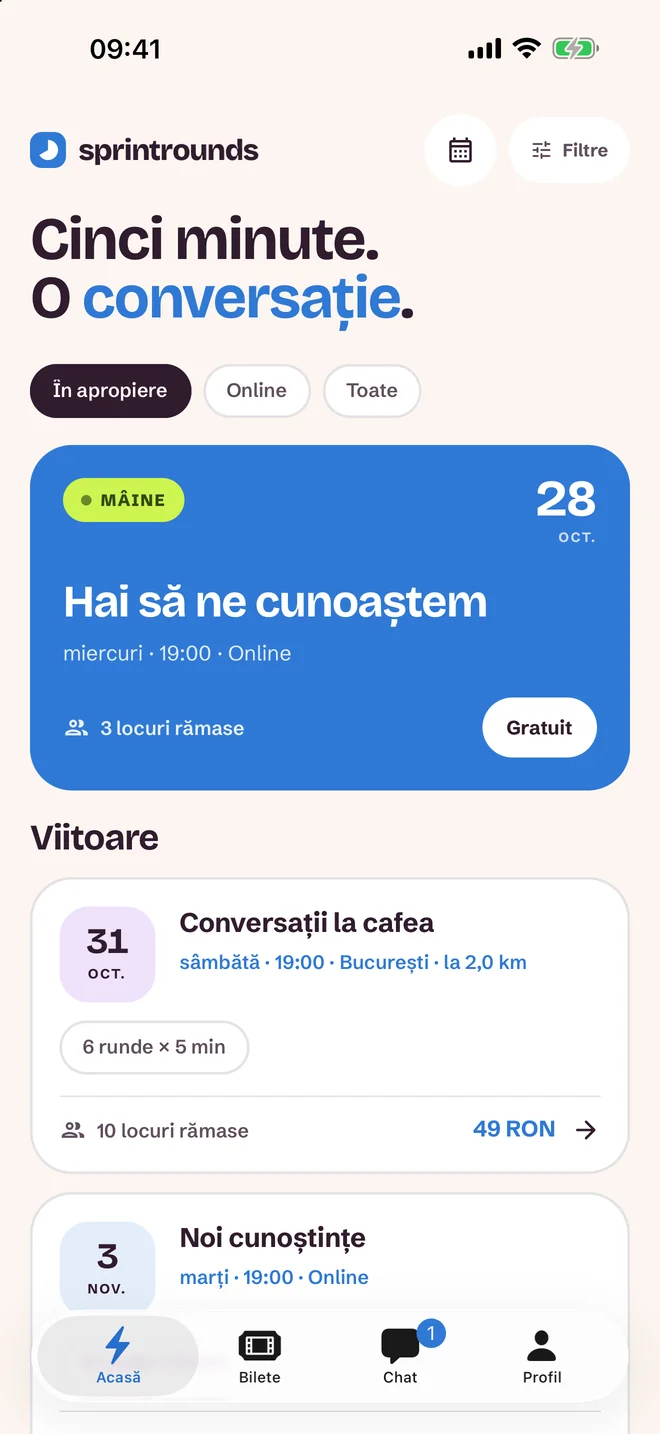 Ecran de selectare a evenimentelor