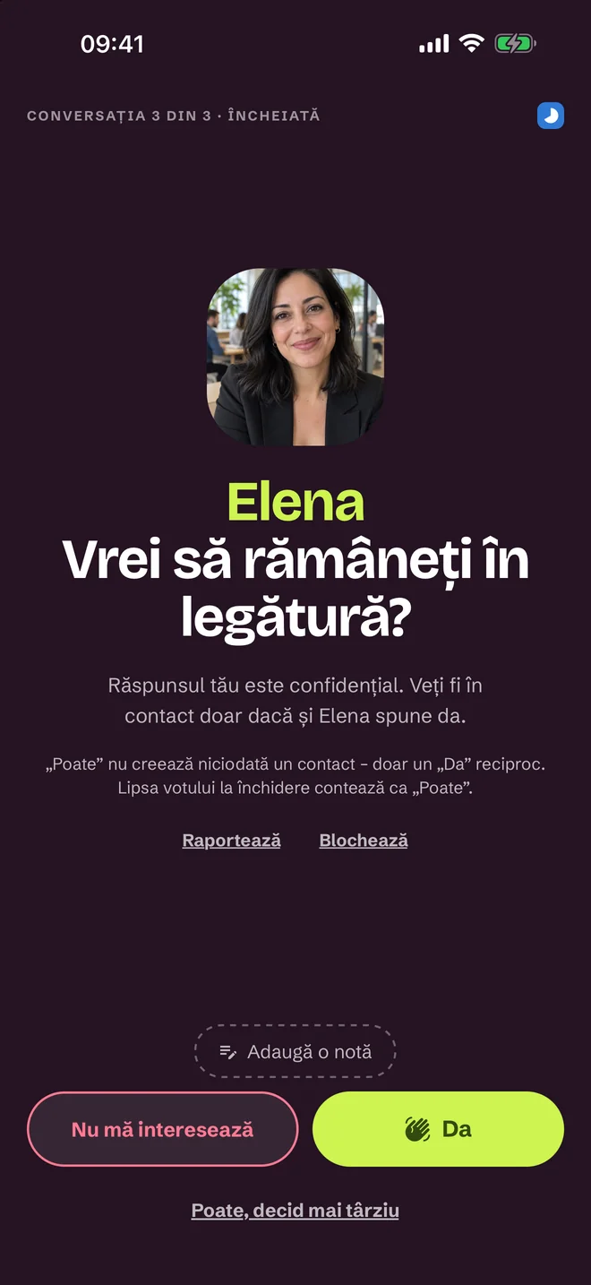 Ecran de evaluare după conversație — Da, Poate, Nu