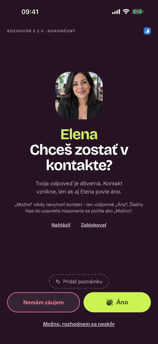 Obrazovka rozhodnutia po rozhovore — Áno, Možno, Nie