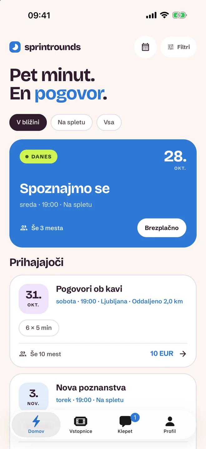 Zaslon za izbiro dogodka