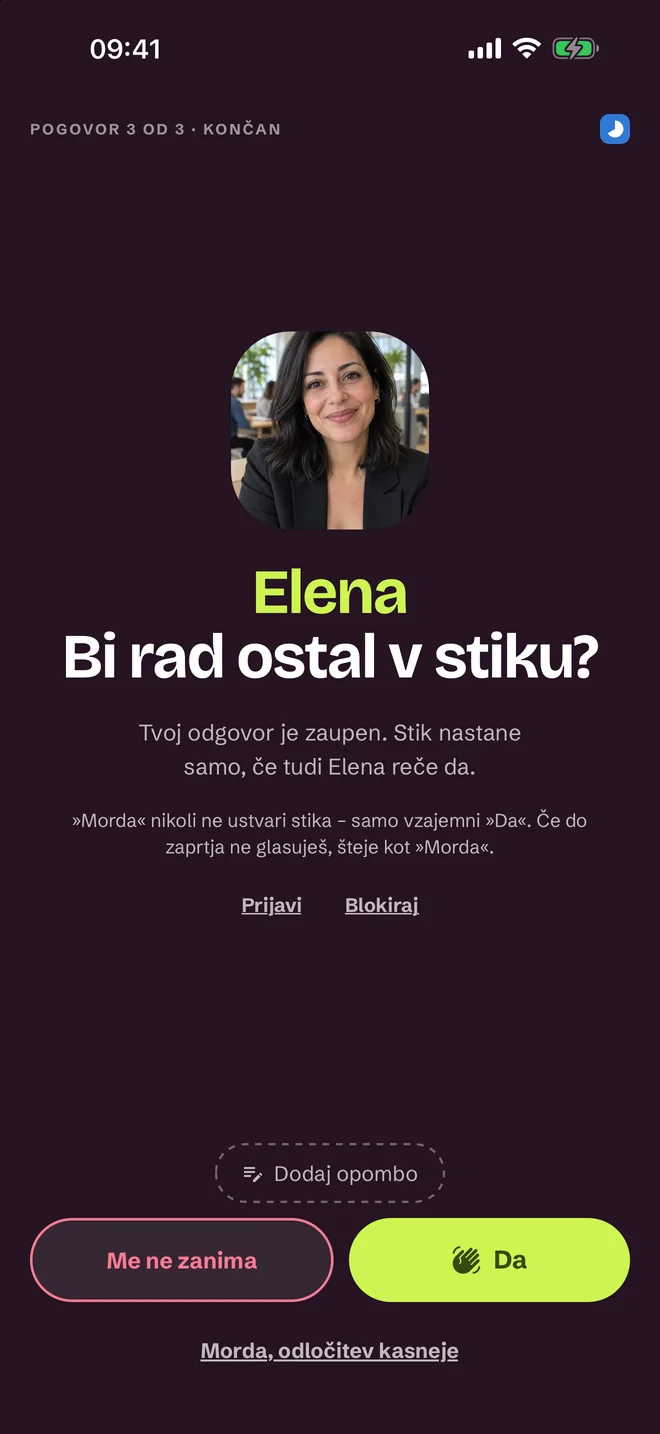 Zaslon ocene po pogovoru — Da, Morda, Ne