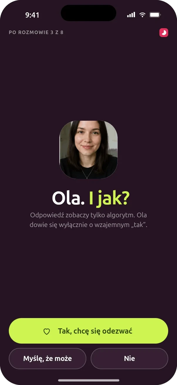 Ekran oceny po rozmowie — Tak, Może, Nie